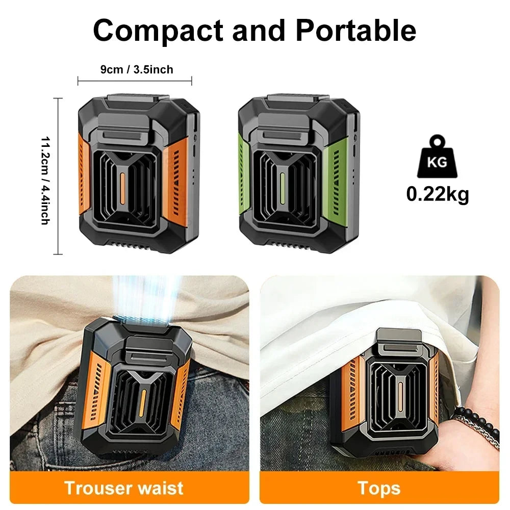 Portable Waist Fan, Rechargeable Hanging Neck Fan, Wearable Belt Shirt Body Fan, Outdoor Working Waist Clip Fan with LED Lights
