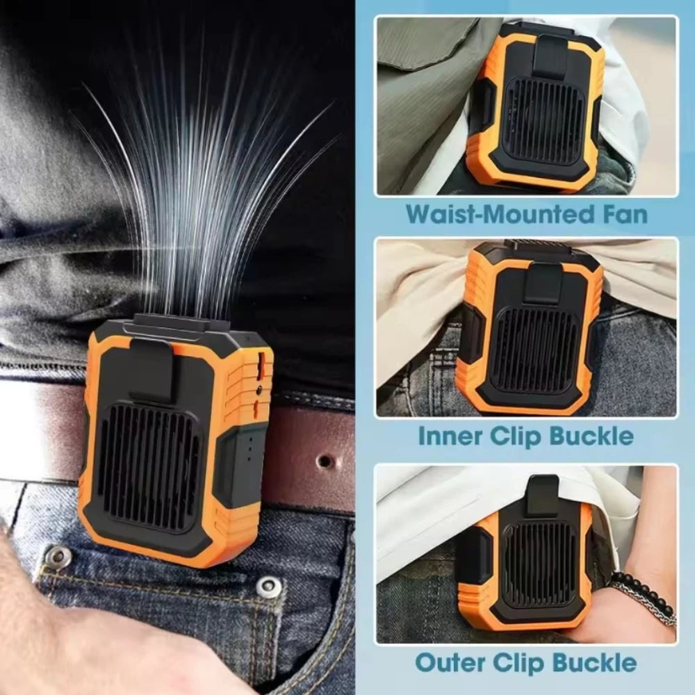 Portable Waist Fan, Rechargeable Hanging Neck Fan, Wearable Belt Shirt Body Fan, Outdoor Working Waist Clip Fan with LED Lights